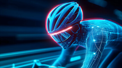 Wall Mural - Futuristic cyclist in neon lights showcasing athleticism and technology in harmony on a glowing track