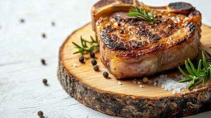 Wall Mural - A piece of meat with pepper and rosemary on a wooden cutting board