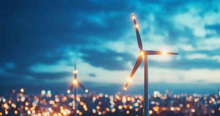 Aufkleber - Wind turbines stand tall against a backdrop of a city skyline at sunset.