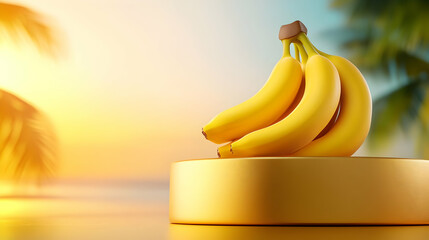 Vibrant yellow bananas displayed on a golden pedestal against a serene sunset background.