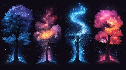 Wall Mural - four magical glowing trees in a night sky
