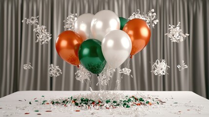 Wall Mural - Festive balloons float on table, confetti celebration, grey backdrop