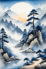Wall Mural - tranquil mountain landscape illuminated by a full moon at dusk with mist and pine trees by a serene 