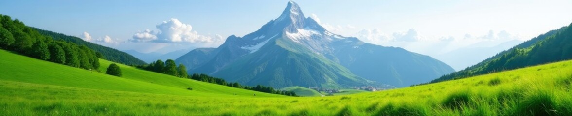 Wall Mural - serene landscape with lush green meadows below a majestic mountain peak, scenery, landscape, mountai