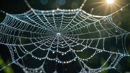 Intricate spiderweb glistening with morning dew, a delicate masterpiece of nature. The sun's rays illuminate the droplets, creating a magical scene.