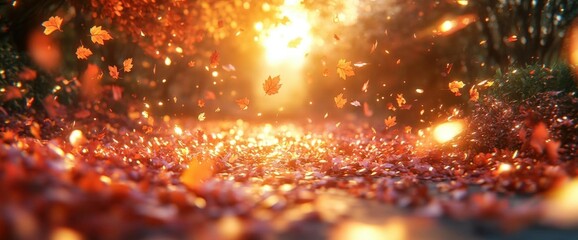 Canvas Print - Falling Autumn Leaves in Warm Sunlight