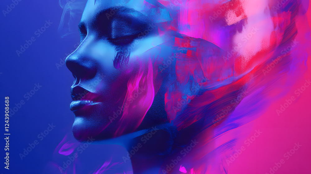 A vibrant and abstract depiction of a woman's profile, showcasing emotions through flowing colors and ethereal elements.