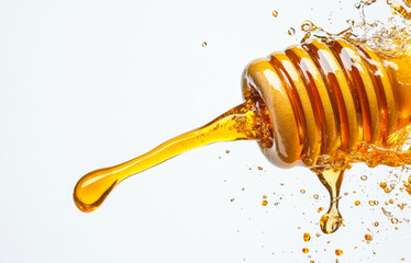 Poster - Golden honey flows from a jar, creating splashes as it drops into a clear and bright background. The rich texture and color of the honey shimmer in the light, highlighting its natural sweetness.