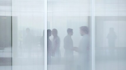 Poster - Silhouetted figures of business people having a discussion behind frosted glass panels in a contemporary office setting, creating a sense of privacy and corporate activity