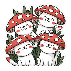 Wall Mural - Cute Cartoon Cats with Red Mushrooms and Green Grass Background