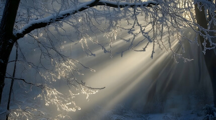 Wall Mural - Frost-covered tree branches with sunlight streaming through, creating a soft, magical glow in the winter forest