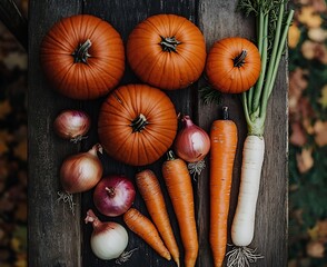 Canvas Print - Autumn harvest pumpkins, carrots, onions on wood