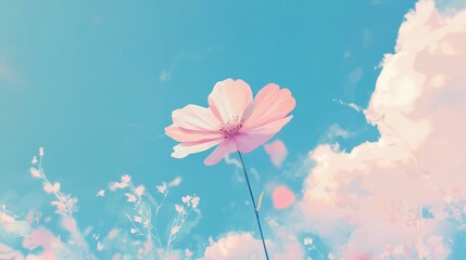 Wall Mural - Pink flower on stem in a sky with clouds, nature background, for a spring or summer theme