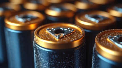 Wall Mural - Close-up view of condensation on battery tops, showcasing a collection of batteries with metallic finishes