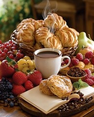 Wall Mural - Coffee, pastries, fruit breakfast table setting