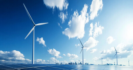 Aufkleber - Bright sunlight illuminates a landscape filled with wind turbines and solar panels.