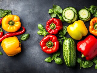 Canvas Print - Colorful peppers, cucumbers, basil on dark background