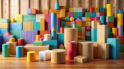 Colorful Wooden Geometric Shapes Arrangement on a Wooden Floor