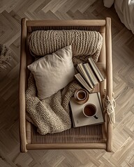 Canvas Print - Cozy chair, tea, books, blanket, wood floor, relaxation