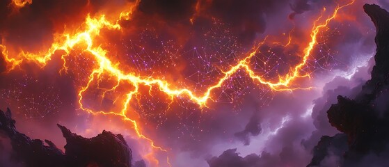 Poster - Fiery lightning sky, cosmic storm, energy