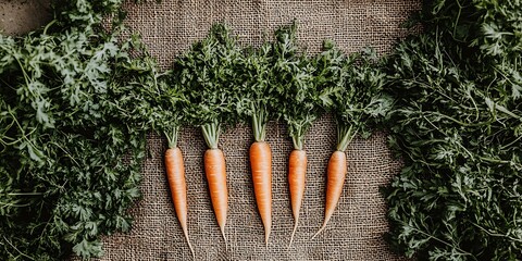 Canvas Print - Fresh Carrots Harvest on Burlap, Greens Background