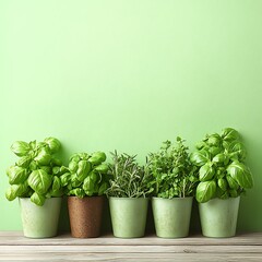 Canvas Print - Fresh herbs in pots, green wall, wooden surface, cooking