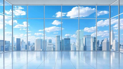 Fototapete - Bright sunlight filters through large windows, illuminating a spacious office interior. The stunning skyline features tall buildings and fluffy clouds against a vibrant blue sky
