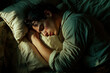 © Eva - A man sleeping in bed at night, lying on his back and hugging a pillow with both arms, side view of his face, photo-realistic, high-resolution photography, professional color grading