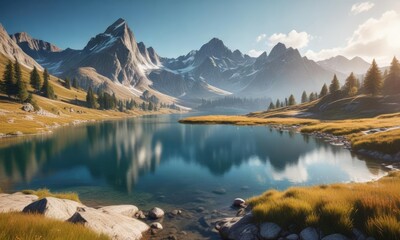 Wall Mural - Majestic mountain landscape with rolling hills and sparkling lakes, peaceful, natural beauty, lakes