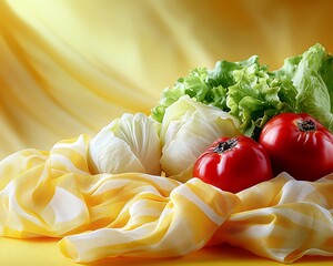 Canvas Print - Fresh Vegetables Still Life, Yellow Fabric, Studio