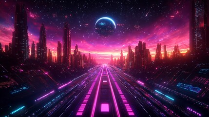 Wall Mural - Futuristic city road, neon lights, night sky, digital art, sci-fi backdrop