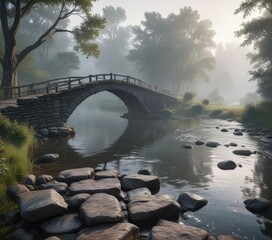 Wall Mural - Misty dawn on an old stone bridge spanning a serene river, old stone bridge, natural beauty, serene river