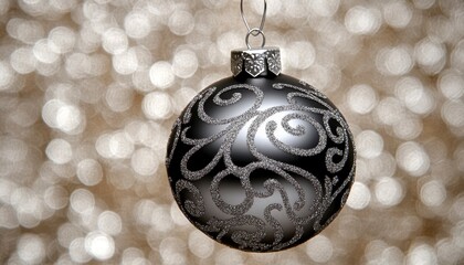 Wall Mural - Dark Christmas ornament with silver details hangs against a blurred background