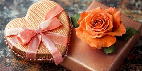 Wall Mural - Heart shaped gift box with a pink ribbon, and a single orange rose on a copper gift box. Romantic and elegant