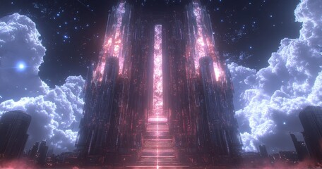 Wall Mural - Glowing crystal structure, illuminated stairway, night sky with clouds, pixel art style, fantasy landscape. Ethereal, magical atmosphere