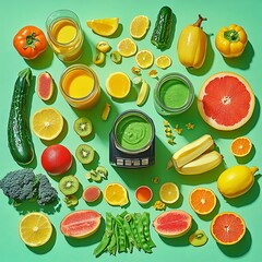 Wall Mural - Green background fruit smoothie ingredients