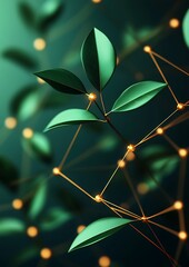 Canvas Print - Green leaves network, glowing, dark background, nature tech