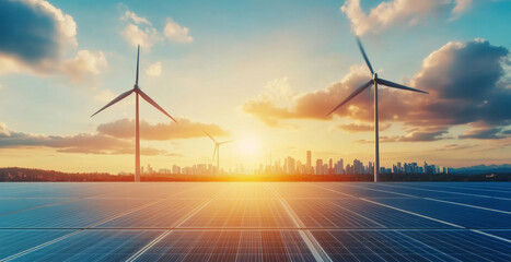 Aufkleber - Renewable energy sources are showcased with solar panels in the foreground and wind turbines silhouetted against a vibrant sunset over a city skyline, promoting sustainable practices.