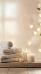 Poster - Slow motion footage of a tranquil spa setting with gentle candlelight and neatly stacked towels, evoking a soothing holiday resort atmosphere