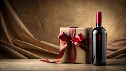 Wall Mural - Elegant Gift Presentation Wine Bottle and Wrapped Present with Burgundy Ribbon on Brown Drape