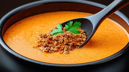 Wall Mural - Creamy Orange Soup with Ground Meat and Green Herb Garnish in Dark Bowl on Elegant Table Setting