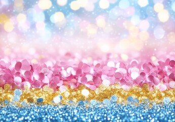 Wall Mural - Abstract background with pink, gold, and blue glitter. Festive, celebratory mood. Bright, sparkling texture. Ideal for holiday or celebratory