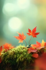 Wall Mural - Two vibrant red leaves sprout from green moss, bathed in soft, diffused light against a blurred autumnal background