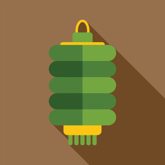 Sticker - Cylindrical green chinese paper lantern hanging, casting a long shadow on a brown background, in a flat design style