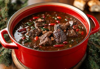 Sticker - Hearty beef stew with beans, spinach, and a rich dark broth, served in a red pot on a wooden surface