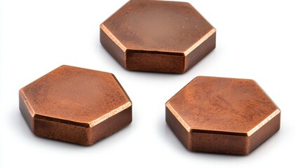 Wall Mural - set of three hexagonal copper objects with a reflective finish on a light background