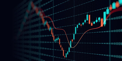 Wall Mural - business financial graph with uptrend line and bar chart of stock market on blue color background