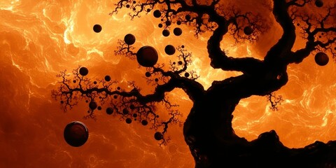 Wall Mural - Silhouette of a large, gnarled tree against a fiery orange and yellow background. Dark, ominous tree branches contrast with the bright, intense sky