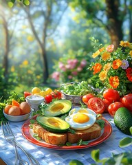 Wall Mural - Sunny garden breakfast avocado toast, eggs