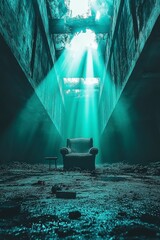 Wall Mural - Teal light beams illuminate a dark, cavernous space, focusing on a lone chair in the center. The background features a textured, rough surface and a